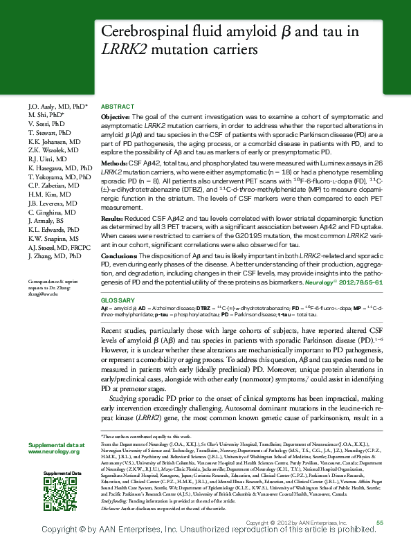 (PDF) Cerebrospinal fluid amyloid and tau in LRRK2 mutation carriers