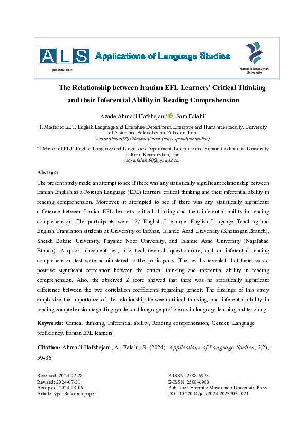 Pdf The Relationship Between Iranian Efl Learners Critical Thinking
