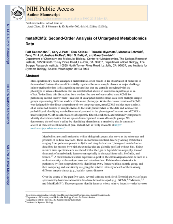(PDF) metaXCMS: Second-Order Analysis of Untargeted Metabolomics Data