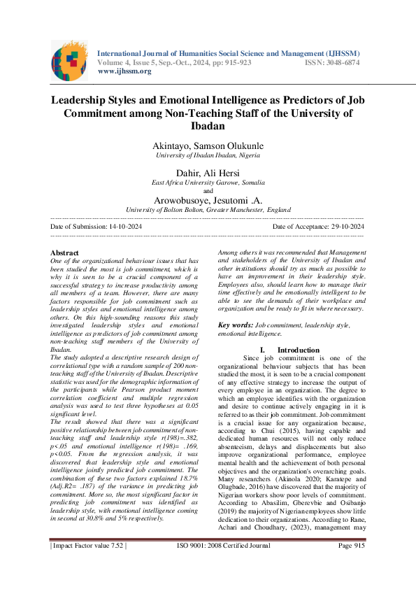 (PDF) Leadership Styles and Emotional Intelligence as Predictors of Job ...