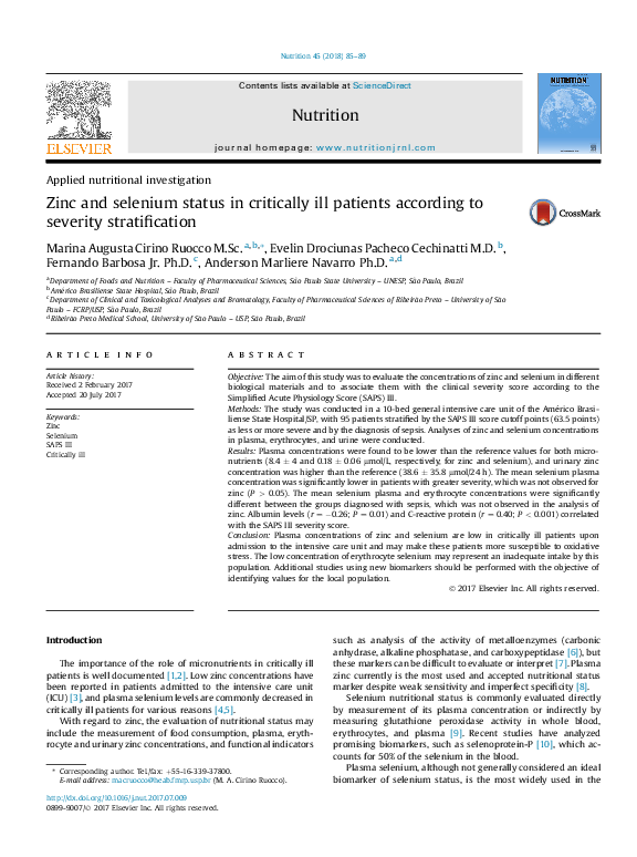 (PDF) Zinc and selenium status in critically ill patients according to ...