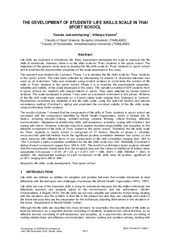 (PDF) THE DEVELOPMENT OF STUDENTS' LIFE SKILLS SCALE IN THAI SPORT SCHOOL