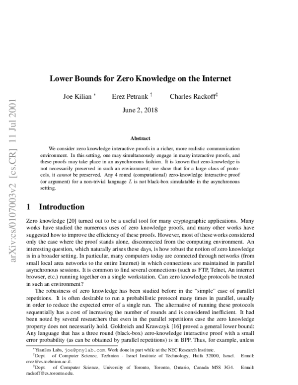 (PDF) Lower bounds for zero knowledge on the Internet