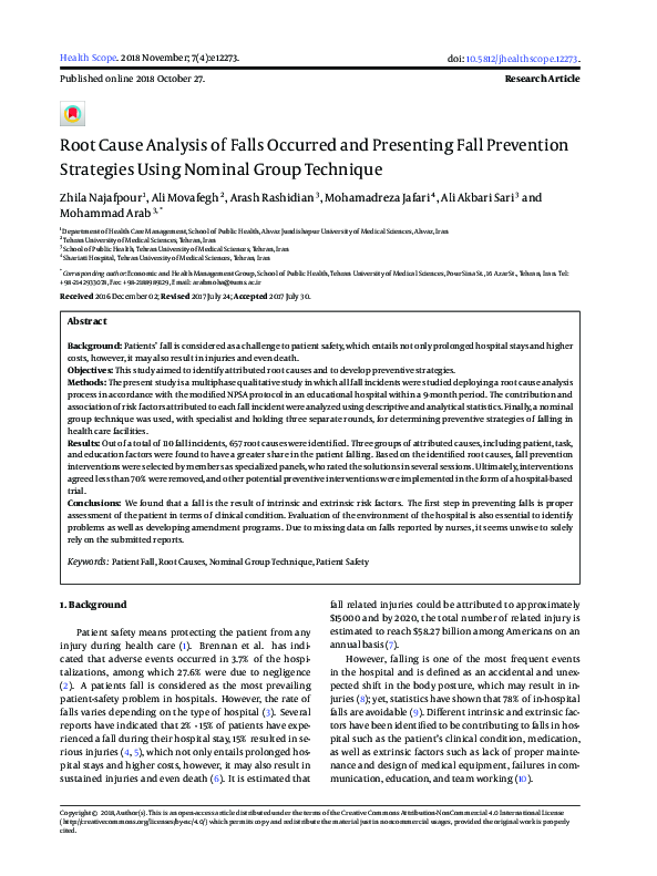 (PDF) Root Cause Analysis of Falls Occurred and Presenting Fall ...