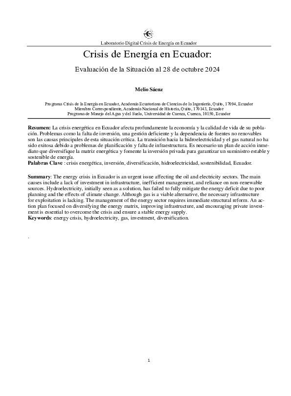 (PDF) Crisis de Energía en Ecuador: Evaluación de la Situación al 28 de ...