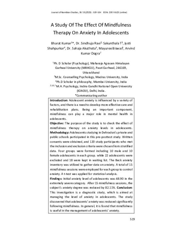 (PDF) A Study Of The Effect Of Mindfulness Therapy On Anxiety In ...