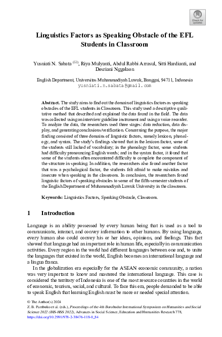 (PDF) Linguistics Factors as Speaking Obstacle of the EFL Students in ...