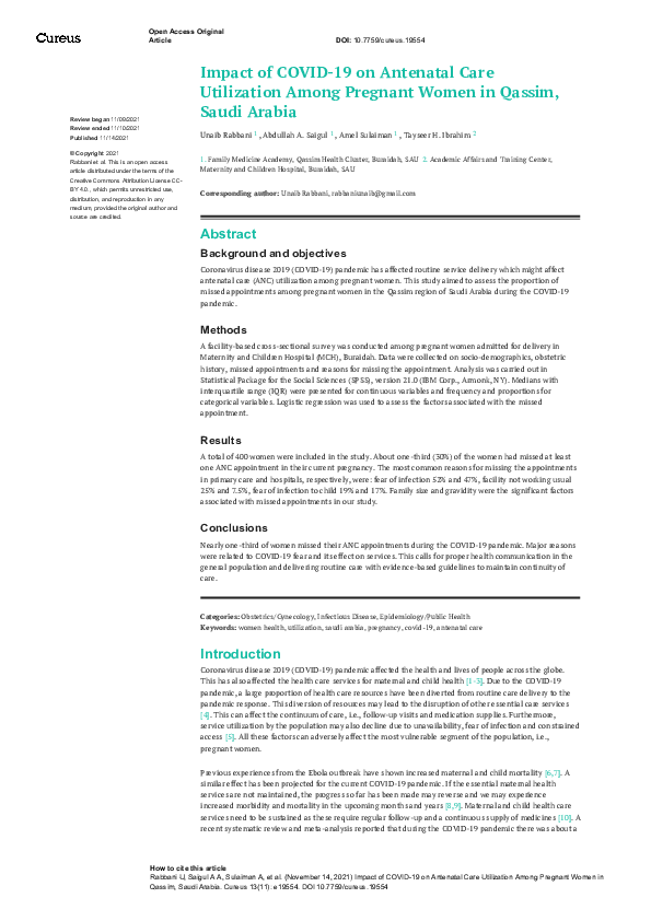 (PDF) Impact of COVID-19 on Antenatal Care Utilization Among Pregnant ...