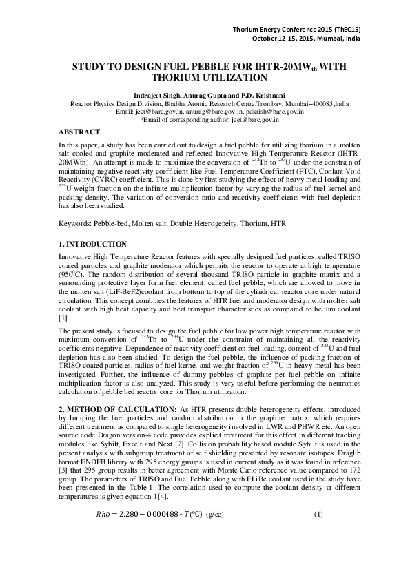 (PDF) STUDY TO DESIGN FUEL PEBBLE FOR IHTR-20MWth WITH THORIUM UTILIZATION