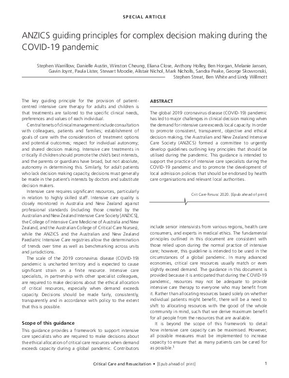 (PDF) ANZICS guiding principles for complex decision making during the ...