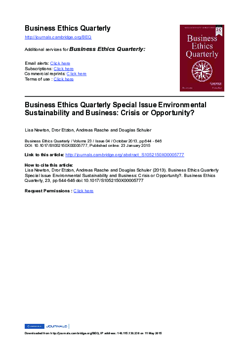 (PDF) Business Ethics Quarterly Special Issue Environmental ...