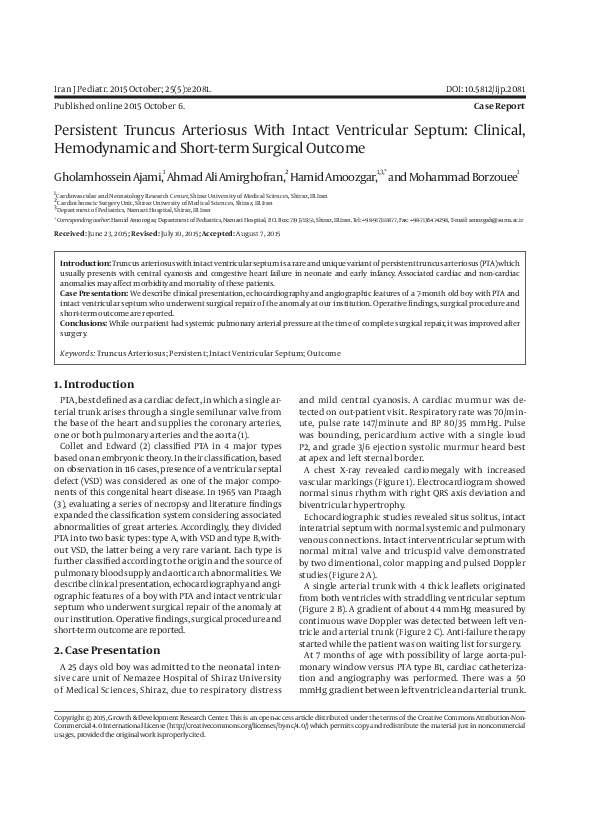 (PDF) Persistent Truncus Arteriosus With Intact Ventricular Septum ...