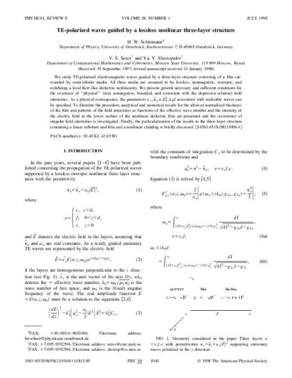 (PDF) TE-polarized waves guided by a lossless nonlinear three-layer ...