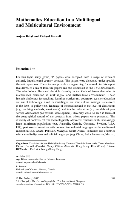 (PDF) Mathematics Education in a Multilingual and Multicultural Environment