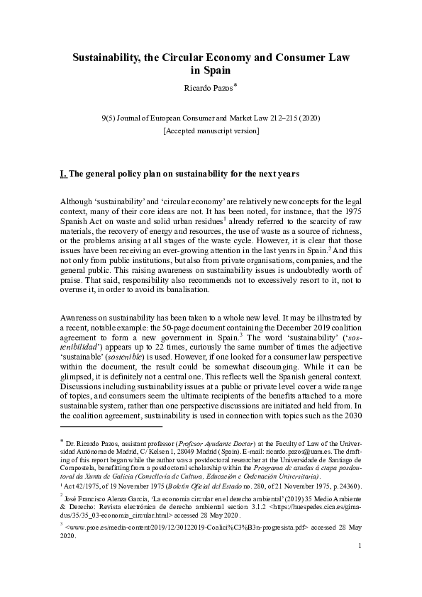 (PDF) Sustainability, the Circular Economy and Consumer Law in Spain