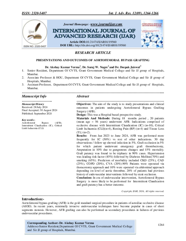 (PDF) PRESENTATIONS AND OUTCOMES OF AORTOFEMORAL BYPASS GRAFTING
