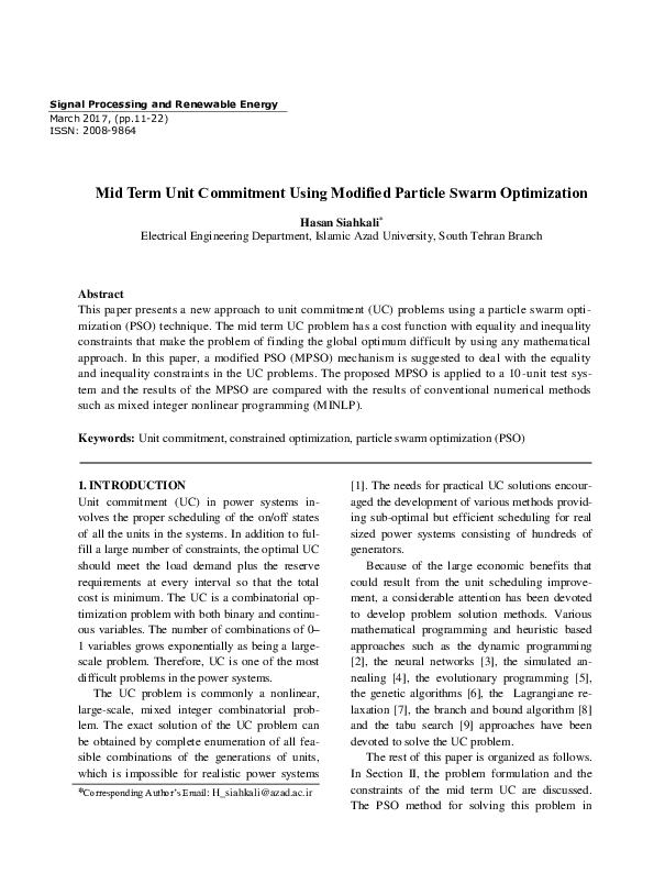 (PDF) Mid Term Unit Commitment Using Modified Particle Swarm Optimization
