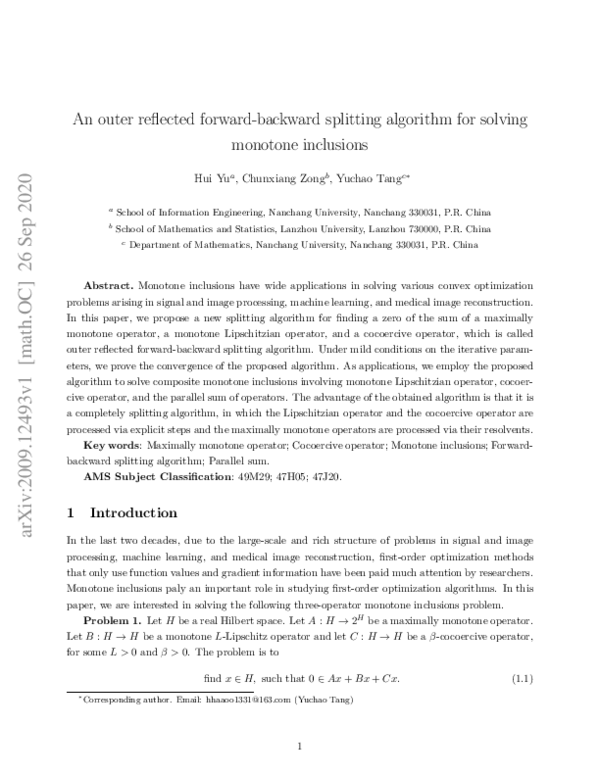 (PDF) An outer reflected forward-backward splitting algorithm for ...