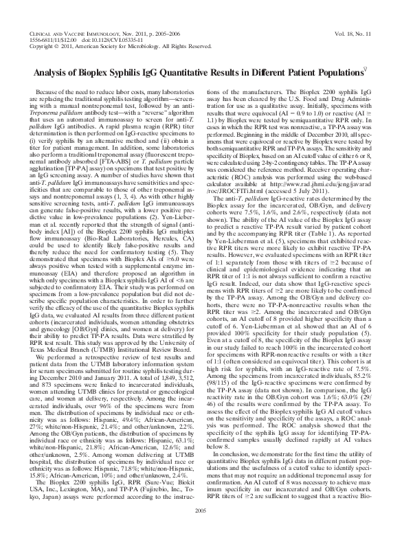 (PDF) Analysis of Bioplex Syphilis IgG Quantitative Results in ...