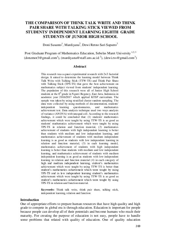 (PDF) The Comparison of Think Talk Write and Think Pair Share with ...