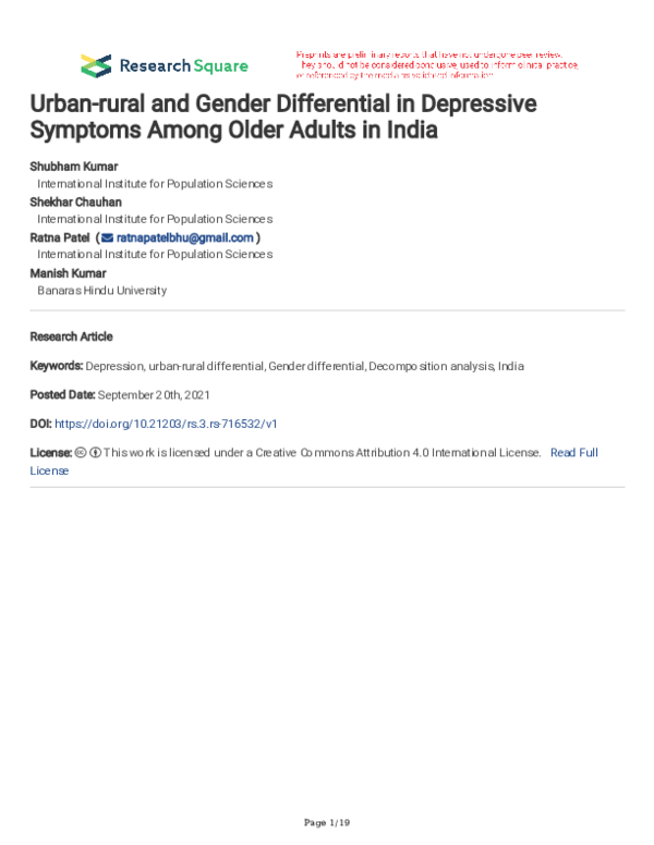 (PDF) Urban-rural and Gender Differential in Depressive Symptoms Among ...