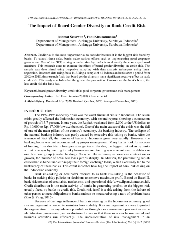 (PDF) The Impact of Board Gender Diversity on Bank Credit Risk