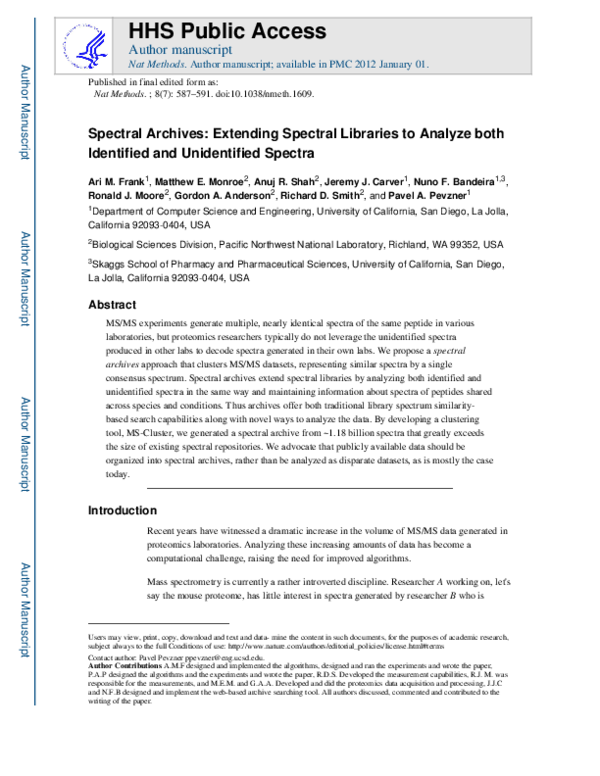 (PDF) Spectral archives: extending spectral libraries to analyze both ...