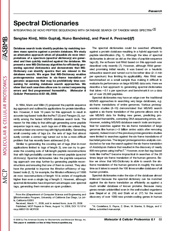(PDF) Spectral dictionaries: Integrating de novo peptide sequencing ...