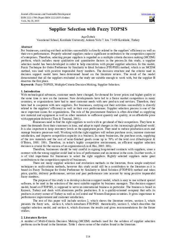 (PDF) Supplier Selection with Fuzzy TOPSIS