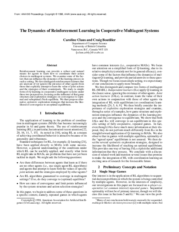(PDF) The dynamics of reinforcement learning in cooperative multiagent ...