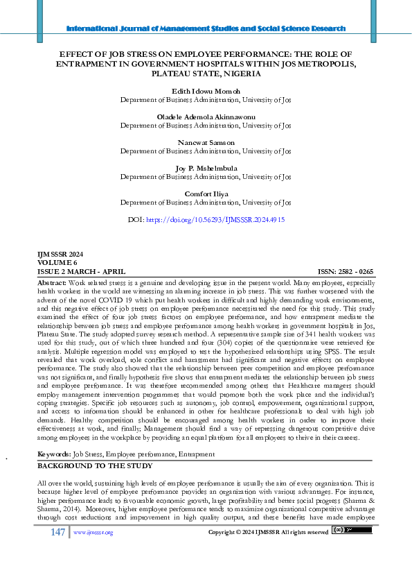 (PDF) Effect of Job Stress on Employee Performance: The Role of ...