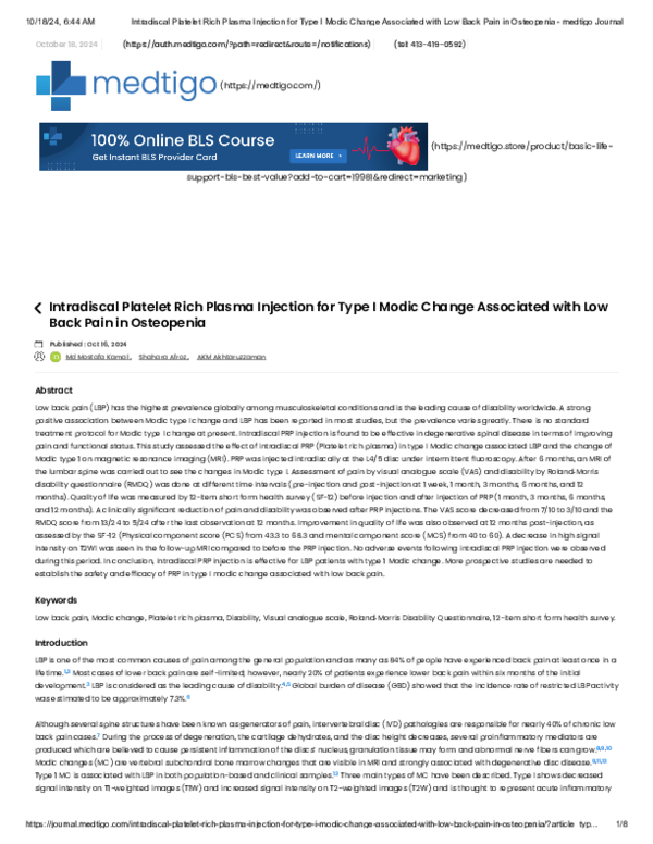 (PDF) Intradiscal Platelet Rich Plasma Injection for Type I Modic