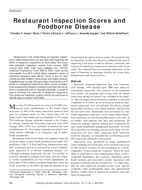 (PDF) Restaurant Inspection Scores and Foodborne Disease