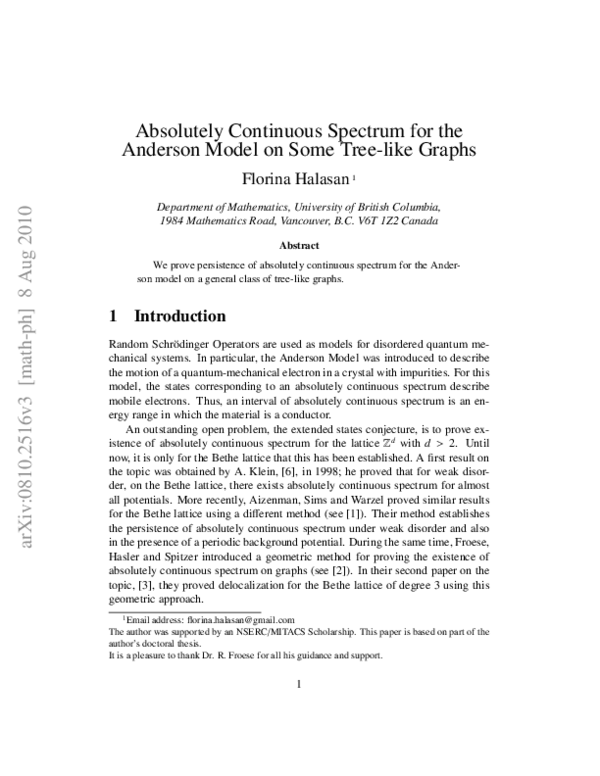 (PDF) Absolutely Continuous Spectrum for the Anderson Model on Some ...