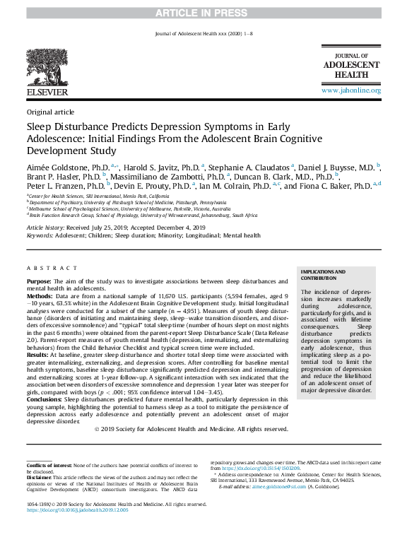 (PDF) Sleep Disturbance Predicts Depression Symptoms in Early ...