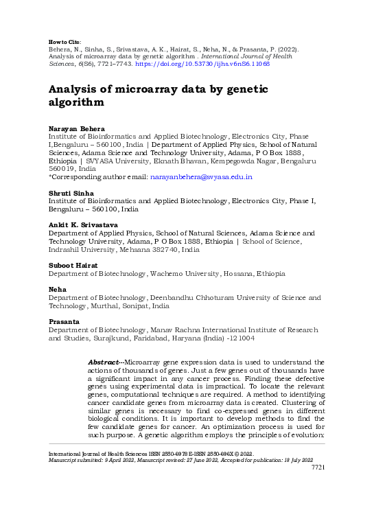 (PDF) Analysis of microarray data by genetic algorithm