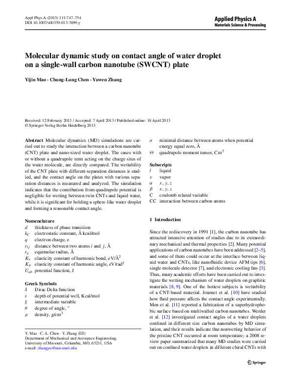 (PDF) Molecular dynamic study on contact angle of water droplet on a ...