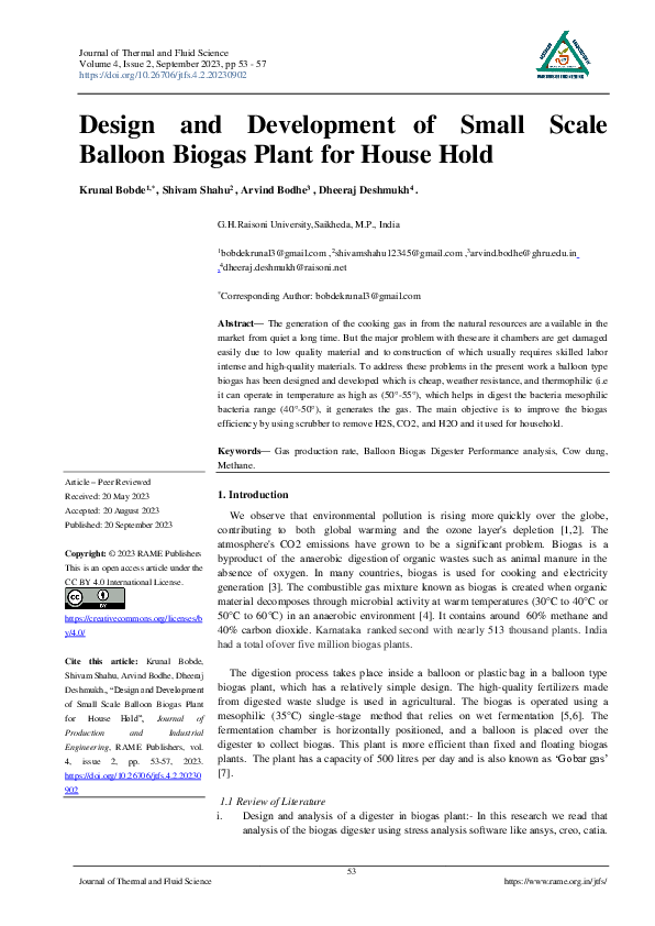 (PDF) Design and Development of Small Scale Balloon Biogas Plant for ...