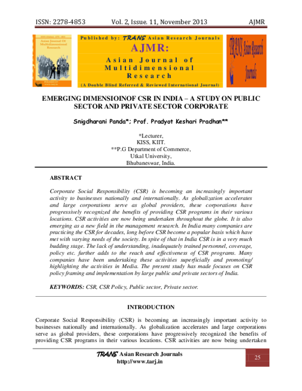 (PDF) Emerging Dimensioinof CSR in India – A Study on Public Sector and ...