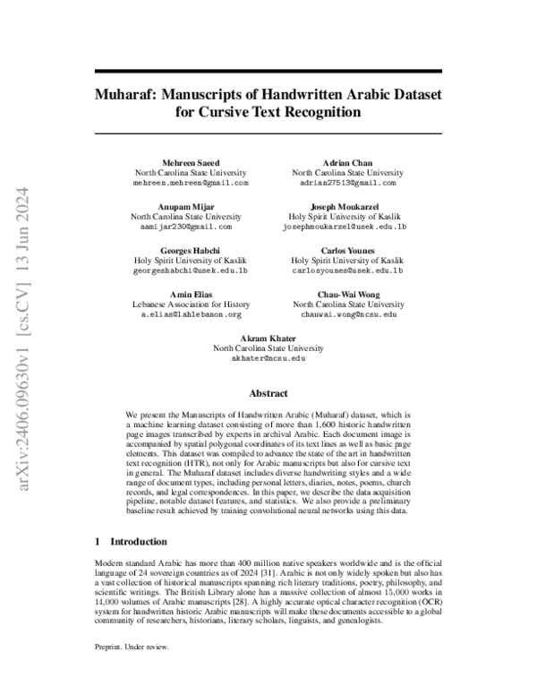 (PDF) Muharaf: Manuscripts of Handwritten Arabic Dataset for Cursive ...
