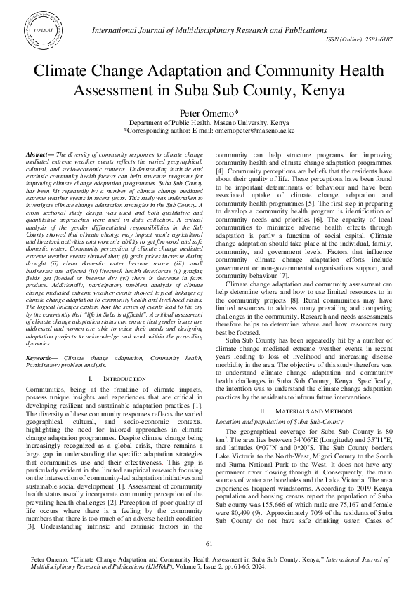 (PDF) Climate Change Adaptation and Community Health Assessment in Suba ...