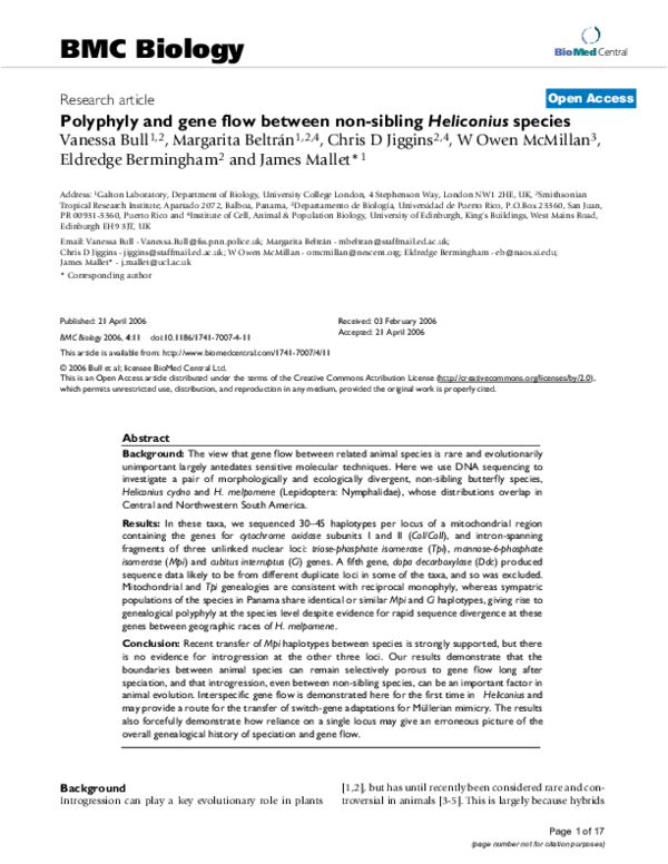 (PDF) Polyphyly and gene flow between non-sibling Heliconius species
