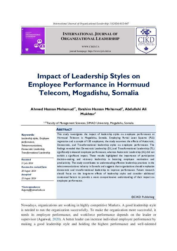 (PDF) Impact of Leadership Styles on Employee Performance in Hormuud ...