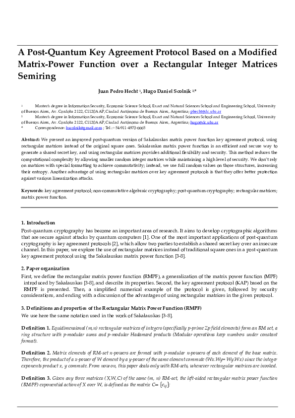 (PDF) A Post Quantum Key Agreement Protocol Based on a Modified Matrix ...