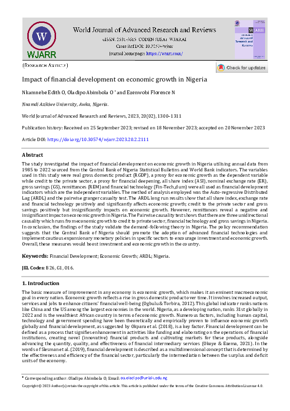 (PDF) Impact of financial development on economic growth in Nigeria
