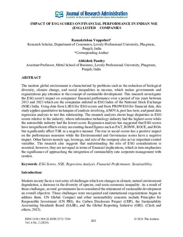 (PDF) IMPACT OF ESG SCORES ON FINANCIAL PERFORMANCE IN INDIAN NSE (ESG ...