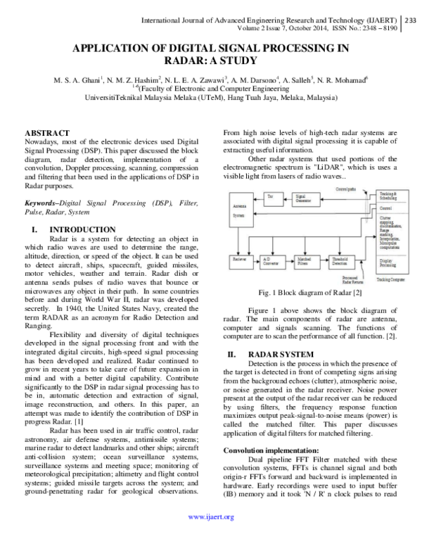 (PDF) Application Of Digital Signal Processing In Radar: A Study