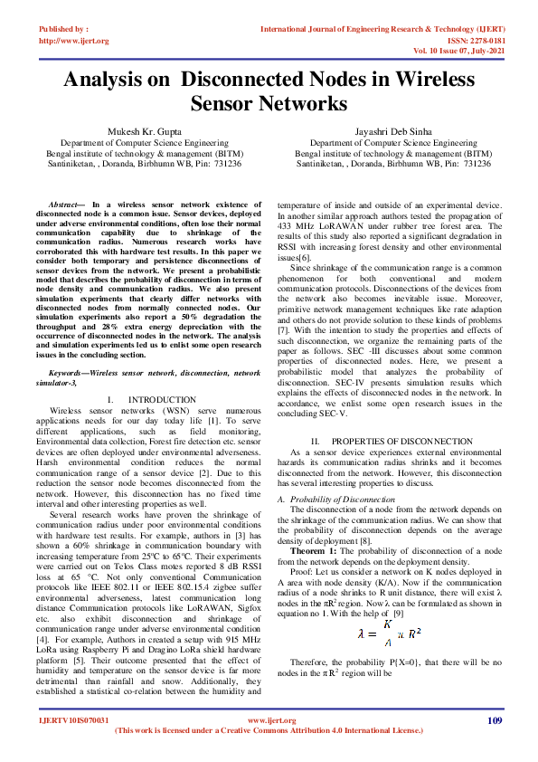 (PDF) Analysis on Disconnected Nodes in Wireless Sensor Networks
