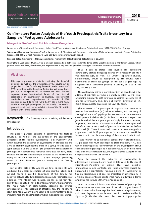(PDF) Confirmatory Factor Analysis of the Youth Psychopathic Traits ...
