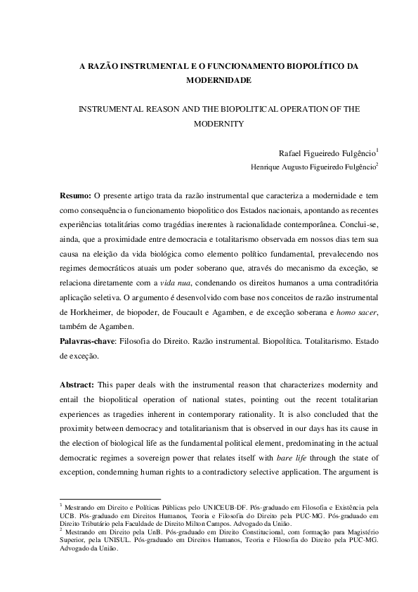 (PDF) A RAZÃO INSTRUMENTAL E O FUNCIONAMENTO BIOPOLÍTICO DA MODERNIDADE ...
